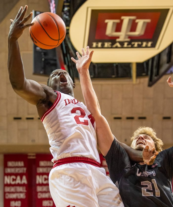 Indiana's Payton Sparks (24) grabs a rebound over University of Indianaplis' Julian Steindfeld (21) during the Indiana versus University of Indianapolis men's basketball game at Simon Skjodt Assembly Hall on Sunday, Oct. 29, 2023.